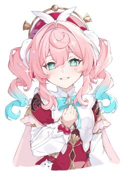 1girl absurdres dress gradient_hair green_eyes green_hair hat highres honkai:_star_rail honkai_(series) hyacine_(honkai:_star_rail) looking_at_viewer multicolored_hair nya_inuha pink_hair red_dress red_hat short_twintails smile solo twintails