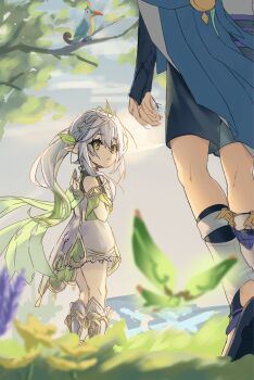 1boy 1girl anklet arm_at_side armlet asymmetrical_sidelocks belt bird black_belt black_bridal_gauntlets black_sandals black_shorts bloomers blue_cape blurry bridal_gauntlets bridal_legwear cape closed_mouth cloud cloudy_sky collared_tunic cross-shaped_pupils crystalfly_(genshin_impact) depth_of_field detached_sleeves dress dusk_bird_(genshin_impact) flower genshin_impact gold grass green_cape green_eyes green_hair green_sleeves grey_sky hair_ornament half_crown_braid highres jewelry lavender_(flower) leaf leaf_hair_ornament leg_warmers looking_at_another looking_back mid-stride middle_ring nahida_(genshin_impact) outdoors perota_1 pointy_ears purple_rope purple_sash raised_eyebrows rope sandals sash scaramouche_(genshin_impact) shorts side_ponytail sidelocks sketch sky socks standing stirrup_legwear symbol-shaped_pupils toeless_legwear tree underwear wanderer_(genshin_impact) white_bloomers white_dress white_hair white_leg_warmers white_socks yellow_flower zouri