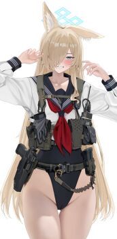 1girl absurdres animal_ear_fluff belt black_leotard black_sailor_collar blonde_hair blue_archive blue_eyes blue_halo blush commentary cowboy_shot fte_(fifteen_199) gun halo handgun hands_up highleg highleg_leotard highres kanna_(blue_archive) leotard long_hair long_sleeves looking_at_viewer neckerchief red_neckerchief sailor_collar shirt simple_background single_ear_down solo thighs utility_belt weapon weapon_case white_background white_shirt