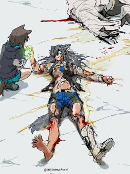 1boy 2girls animal_ears arknights barefoot black_hair black_jacket black_vest bleeding blood blood_on_clothes blue_skirt boots brown_hair corpse feet full_body hand_up healing highres hood hood_down hooded_jacket jacket knee_boots long_hair long_sleeves looking_at_another lying magic monster_boy multiple_girls mutomorokoshi on_back open_clothes open_vest outstretched_legs pantyhose rhodes_island_medic_(arknights) sarkaz_wither_devourer shirt single_bare_foot single_boot skirt slime_(substance) soles squatting stomach tail texas_(arknights) texas_the_omertosa_(arknights) toes torn_clothes torn_pantyhose torn_shirt traumatized vest white_boots white_shirt wide-eyed wolf_ears wolf_girl wolf_tail