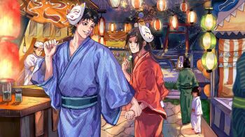 2boys alternate_costume black_hair closed_mouth commentary_request curtained_hair dango eating festival food fox_mask hair_tie hand_fan highres holding holding_another's_wrist holding_fan japanese_clothes lantern long_hair male_focus mask mask_pull momoyoru1 multiple_boys naruto_(series) naruto_shippuuden sanshoku_dango short_hair standing uchiha_itachi uchiha_shisui wagashi walking