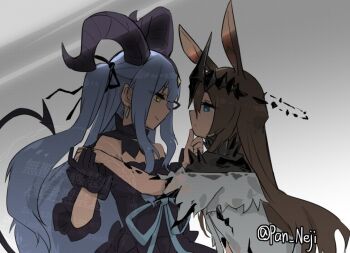 2girls amiya_(arknights) amiya_(demon_king)_(arknights) animal_ears arknights bang_dream! bang_dream!_it&#039;s_mygo!!!!! black_dress black_gloves black_horns black_ribbon blue_eyes blue_hair brown_hair closed_mouth commentary_request crossover crown curled_horns detached_collar dress face-to-face floating_crown from_side gloves grey_background hair_ribbon hand_on_another&#039;s_chin holding_hands horns long_hair material_growth multiple_girls nejikyuu oripathy_lesion_(arknights) profile rabbit_ears rabbit_girl ribbon sidelocks tail togawa_sakiko togawa_sakiko_(master_of_melodia) white_dress yellow_eyes