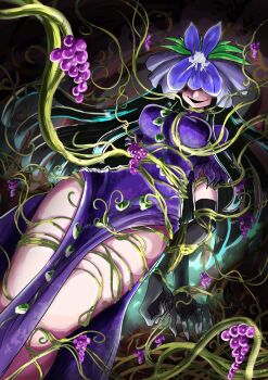 1girl black_gloves black_hair bound breasts china_dress chinese_clothes dress elbow_gloves flower flower_on_head food food_print fruit fruit_print gloves good_thighs_day grape_print grapes hashtag-only_commentary highres lobelia_(flower) pelvic_curtain plant purple_dress purple_flower shioshio_(betabetarimocon) smile tied_up_(nonsexual) touhou vine_print vines yomotsu_hisami