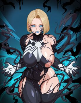 1girl absurdres black_bodysuit black_eyeshadow black_lips blonde_hair blue_background blue_eyes bodysuit breasts commentary cowboy_shot emma_frost english_commentary eyeshadow f.b.w henshin highres large_breasts long_tongue makeup marvel marvel_rivals nipples parted_lips pussy pussy_juice saliva short_hair smile solo_focus spider-man_(series) tentacles tongue tongue_out transforming_clothes venom_(marvel) very_long_tongue x-men