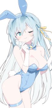 Rule 34 | 1girl, ;), absurdres, animal ear hairband, animal ears, bare shoulders, blue bow, blue bowtie, blue eyes, blue hair, blue hairband, blue leotard, blush, bow, bowtie, braid, breasts, check copyright, cleavage, closed mouth, commentary request, copyright request, cowboy shot, detached collar, dot nose, fake animal ears, fake tail, gloves, hair between eyes, hair ribbon, hairband, hands up, highres, large breasts, leotard, long hair, looking at viewer, one eye closed, original, playboy bunny, rabbit ear hairband, rabbit ears, rabbit tail, ribbon, simple background, smile, solo, strapless, strapless leotard, tail, thigh strap, urotsuki (ku9625), white background, white gloves, yellow ribbon