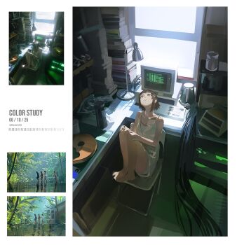 5girls art_study artist_name asymmetrical_hair barefoot book book_stack brown_eyes brown_hair cable camisole chair chemise color_study computer computer_keyboard computer_tower crt dated english_text expressionless flat_chest grass hair_ornament hairclip highres indoors iwakura_lain lamp mandaring0 monitor multiple_girls multiple_views original outdoors photo-referenced reference_photo scenery serial_experiments_lain single_sidelock table water white_camisole white_chemise window wire x_hair_ornament