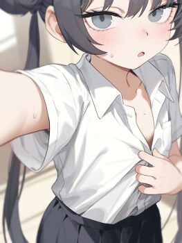 1girl alternate_costume black_hair black_skirt blue_archive blush breasts collarbone collared_shirt grey_eyes heoningu highres kisaki_(blue_archive) long_hair looking_at_viewer partially_open_shirt school_uniform selfie shirt skirt small_breasts solo very_long_hair white_shirt