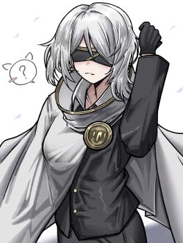 Rule 34 | 1girl, ?, absurdres, black gloves, black pants, black suit, blindfold, buttons, cape, closed mouth, commentary, english commentary, facing viewer, fang, fang out, faust (project moon), formal clothes, gloves, highres, index (identity) (project moon), limbus company, medium hair, mitama nyan, pants, project moon, solo, spoken question mark, suit, white background, white cape, white hair