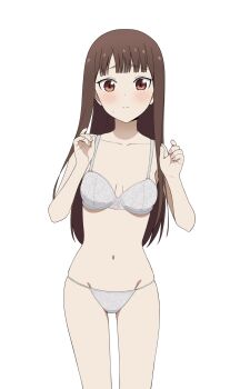 1girl absurdres blush bra breasts breasts_apart brown_eyes brown_hair closed_mouth collarbone commentary coro_fae cowboy_shot dot_nose embarrassed english_commentary floral_print floral_print_bra floral_print_panties frown grey_bra grey_panties groin hands_up highres iino_miko kaguya-sama_wa_kokurasetai_~tensai-tachi_no_renai_zunousen~ long_hair looking_at_viewer medium_breasts navel panties print_bra print_panties raised_inner_eyebrows simple_background solo split_mouth standing stomach straight-on straight_hair string_panties sweatdrop underwear underwear_only white_background