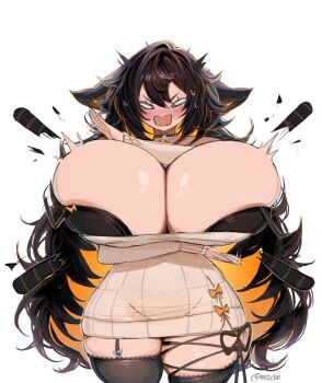 Rule 34 | 1girl, animal ear fluff, animal ears, black bra, black hair, blush, bra, breast expansion, breasts, bursting breasts, cat ears, clio (mssclio), colored inner animal ears, colored inner hair, dress, gigantic breasts, glowing, glowing hair, highres, indie virtual youtuber, long hair, millanoire, multicolored hair, narrow waist, open mouth, orange hair, solo, sweatdrop, sweater, sweater dress, thick thighs, thighs, underwear, very long hair, virtual youtuber, wardrobe malfunction, wide hips