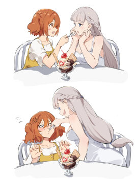 2girls anger_vein bare_arms blue_eyes blush braid breasts commentary dress feeding food force-feeding grey_hair half_up_braid highres holding holding_spoon ice_cream jojobirdz kanne_(sousou_no_frieren) large_breasts lawine_(sousou_no_frieren) long_hair multiple_girls orange_eyes orange_hair shirt simple_background smile sousou_no_frieren spoon sundae sweatdrop symbol-only_commentary two_side_up white_background white_dress white_shirt yuri