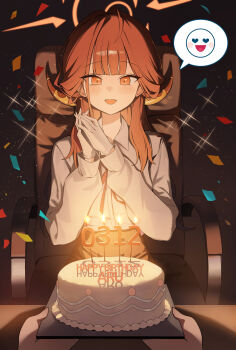 1girl 1other absurdres aru_(blue_archive) birthday_cake black_skirt blue_archive cake chair commentary dated_commentary demon_girl demon_horns food gloves halo happy_birthday high-waist_skirt highres horns long_hair long_sleeves okkimon on_chair open_mouth orange_eyes orange_halo palms_together pov red_hair shirt sitting skirt smile solo spoken_expression white_gloves white_shirt