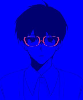 1boy :| akigawasou blue_eyes blue_hair closed_mouth collared_shirt color_contrast deadpan double-parted_bangs glasses hair_between_eyes hashtag-only_commentary highres kim_dokja limited_palette looking_at_viewer male_focus omniscient_reader&#039;s_viewpoint portrait red-framed_eyewear shirt short_hair solo straight-on vest