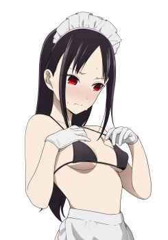 1girl absurdres alternate_costume apron bikini black_bikini black_hair blush breasts coro_fae enmaided gloves highres kaguya-sama_wa_kokurasetai_~tensai-tachi_no_renai_zunousen~ long_hair maid maid_bikini maid_headdress red_eyes shinomiya_kaguya sidelocks small_breasts solo sweat swimsuit unconventional_maid waist_apron white_gloves