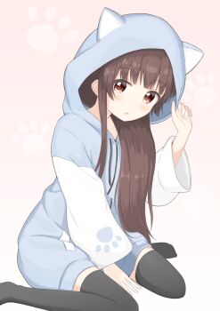 1girl animal_hood between_legs black_thighhighs blue_hoodie cat_hood hand_between_legs hand_up highres hood hood_up hoodie long_hair long_hoodie long_sleeves looking_at_viewer matsumoto_rise oshiro_e paw_print puffy_long_sleeves puffy_sleeves red_eyes simple_background single_sidelock sitting solo thighhighs wariza white_background yuruyuri