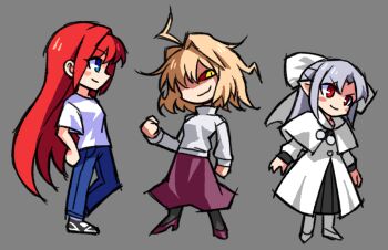 3girls antenna_hair aozaki_aoko arcueid_brunestud black_pantyhose blue_eyes blush_stickers bow capelet chibi colored_sclera curtained_hair denim dress evil_smile fighting_stance grey_background hair_over_one_eye high_heels jeans long_hair long_skirt melty_blood messy_hair multiple_girls mystic_eyes_of_enchantment pants pantyhose pointy_ears pom_pom_(clothes) purple_skirt red_arcueid red_eyes red_hair red_sclera shirt skirt smile spdcooler sweater t-shirt tsukihime turtleneck turtleneck_sweater white_bow white_capelet white_dress white_hair white_len_(tsukihime) white_pantyhose white_shirt white_sweater yellow_eyes