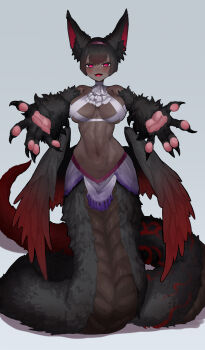 1girl absurdres animal_ears animal_hands ascot black_hair black_wings breasts reference_sheet claws commission dark-skinned_female dark_skin ekrea_jan fangs feathered_wings full_body grey_background hairband highres lamia large_breasts looking_at_viewer low_wings monster_girl original pelvic_curtain pink_eyes reaching reaching_towards_viewer red_wings short_hair skeb_commission solo very_dark_skin wings