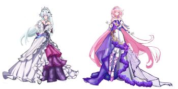 Rule 34 | 2girls, aethraea, ahoge, alternate costume, bare shoulders, breasts, cleavage, commentary, dress, elysia (herrscher of human: ego) (honkai impact), elysia (honkai impact), english commentary, flower ornament, full body, gloves, high ponytail, highres, honkai (series), honkai impact 3rd, kiana kaslana, kiana kaslana (herrscher of finality), large breasts, long hair, looking at viewer, multicolored hair, multiple girls, pantyhose, pink hair, ponytail, purple dress, purple eyes, simple background, tiara, two-tone dress, two-tone hair, very long hair, white background, white dress, white gloves, white hair, white pantyhose