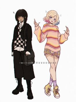 Rule 34 | 2girls, :d, the addams family, animification, artist name, bag, black hair, black pants, blonde hair, blush, boots, braid, checkered clothes, checkered sweater vest, closed mouth, collared shirt, criis-chan, dress shirt, enid sinclair, full body, hands up, knee boots, long hair, long sleeves, looking at viewer, multicolored sweater, multiple girls, nail polish, open mouth, pants, shirt, shoes, short hair, shoulder bag, skirt, smile, socks, sweater, teeth, twin braids, upper teeth only, wednesday (netflix), wednesday addams, white shirt