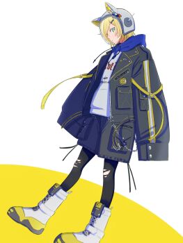 1boy animal_ear_helmet animal_ears animal_helmet arm_belt belt black_belt black_jacket black_leggings black_shorts blonde_hair blue_hood blush boots cat_ears closed_mouth clothes_writing drawstring fake_animal_ears flame_print from_side full_body green_eyes hair_ornament hair_over_one_eye hairclip helmet highres hood hood_down hoodie jacket lace-up_boots lapels leggings lightning_bolt_print looking_at_viewer loose_belt male_focus na_(hs7p_l) nijisanji notched_lapels open_belt open_clothes open_jacket pocket print_hoodie shoelaces short_hair shorts simple_background sleeves_past_fingers sleeves_past_wrists solo space_helmet sparkle standing standing_on_one_leg sticker torn_clothes torn_leggings unzipped uzuki_kou uzuki_kou_(5th_costume) virtual_youtuber wallet_chain white_background white_boots white_helmet white_hoodie wolf_cut yellow_belt yellow_trim zipper