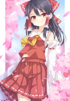 Rule 34 | 1girl, ascot, black hair, bow, breasts, cherry blossoms, chest sarashi, closed mouth, commentary request, detached sleeves, falling petals, frilled bow, frilled hair tubes, frills, hair bow, hair tubes, hakurei reimu, highres, long hair, looking at viewer, petals, pink petals, pleated skirt, red bow, red eyes, red skirt, ribbon-trimmed skirt, ribbon-trimmed sleeves, ribbon trim, sarashi, skirt, skirt set, small breasts, smile, solo, touhou, uumaru, yellow ascot