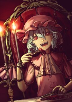 1girl :d bat_wings blue_hair candle candlelight candlestand chair collar commentary_request dirty dirty_clothes eating fangs food fork hat hat_ribbon highres holding holding_fork holding_knife knife medibang_paint_(medium) mob_cap napkin nyaabun open_mouth pink_collar pink_hat pink_shirt pink_wings red_background red_eyes red_ribbon remilia_scarlet ribbon shirt short_hair short_sleeves slit_pupils smile solo steak table table_knife touhou wings