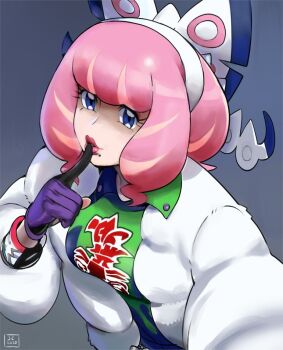 1girl 2020 bow drill_hair drill_sidelocks eyelashes eyeshadow finger_to_mouth flipped_hair fur_jacket gloves hair_bow hairband hand_to_own_mouth hand_up jacket klara_(pokemon) lipstick looking_at_viewer makeup mole mole_under_mouth nintendo overlord_jc parted_lips pink_eyeshadow pink_hair pink_lips pokemon pokemon_swsh print_shirt purple_eyes purple_gloves shirt short_hair sidelocks solo two-tone_shirt upper_body white_bow white_hairband