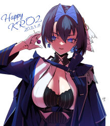 Rule 34 | 1girl, black shirt, blue cloak, blue eyes, blue hair, bow, bow earrings, breasts, candy, cleavage, cloak, colored inner hair, dress, earrings, english text, food, gloves, hair between eyes, hair intakes, hair ornament, half gloves, highres, hololive, hololive english, jewelry, large breasts, lollipop, long sleeves, multicolored hair, ouro kronii, shirt, short hair, signature, solo, taka t, two-tone hair, virtual youtuber, white background, white gloves, white shirt