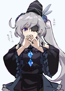 1girl absurdres alternate_costume black_dress black_hat blue_eyes dress eyepatch flower grey_hair hair_flower hair_ornament hat highres io16sii long_hair long_sleeves looking_at_viewer mononobe_no_futo open_mouth ponytail simple_background solo sweat tate_eboshi touhou translation_request white_background
