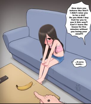1boy 1girl after_masturbation anger_vein banana bare_legs barefoot blue_sky blush brown_eyes brown_hair camisole controller couch embarrassed english_text father_and_daughter feet food fruit full_body hair_over_one_eye highres implied_masturbation loli long_hair looking_at_viewer miniskirt navel original pink_shirt pinkbunnyjuice pointing pussy_juice remote_control scolding shirt shorts sitting skirt sky sleeveless sleeveless_shirt solo_focus speech_bubble toes