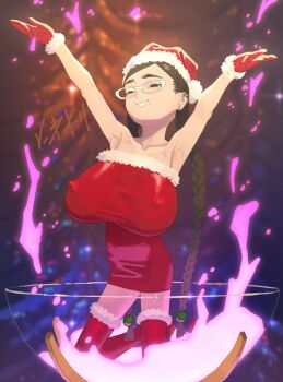armpits arms_up asian black_eyes black_hair blurry blurry_foreground braid breasts christmas covered_erect_nipples dress ear_piercing earrings from_front full_body fur-trimmed_dress fur-trimmed_gloves fur_trim glass_girl_(niwatori5948) glasses gloves hair_bobbles hair_ornament hat highres huge_breasts in_container jewelry kneeling large_breasts long_hair mole mole_under_mouth monolids narrow_hips niwatori5948 oppai_loli original piercing red_dress red_gloves red_hat sagging_breasts santa_costume santa_dress santa_hat solo twin_braids very_long_hair