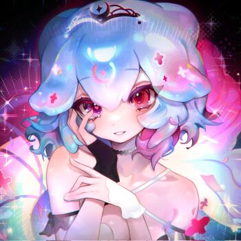 1girl album_cover bao_the_whale blue_hair breasts choker cleavage cloud_(lufaeris) commentary cover double-parted_bangs english_commentary fins fish_tail hair_between_eyes hands_up heart heart_in_eye highres indie_virtual_youtuber looking_at_viewer medium_breasts parted_lips pearl_choker red_eyes short_hair smile solo symbol_in_eye tail tiara upper_body virtual_youtuber whale_girl