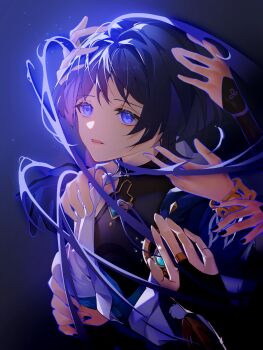 1boy black_hair black_nails black_tank_top blue_background blue_eyes bracelet bridal_gauntlets chinese_commentary dottore_(genshin_impact) extra_arms genshin_impact glowing gradient_hair gusheng hand_on_another&#039;s_arm hand_on_another&#039;s_head hand_on_another&#039;s_shoulder highres japanese_clothes jewelry looking_to_the_side multicolored_hair multiple_others nahida_(genshin_impact) open_mouth pov pov_hands reaching scaramouche_(genshin_impact) short_hair sleeveless solo_focus standing tank_top upper_body wanderer_(genshin_impact)