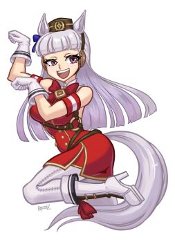 1girl animal_ears armband blunt_bangs blush boots bow bowtie breasts brown_hat commentary dress ear_bow english_commentary gloves gold_ship_(red_strife)_(umamusume) gold_ship_(umamusume) grey_hair hat highres horse_ears horse_girl horse_pose horse_tail keeterz long_hair looking_at_viewer medium_breasts open_mouth pantyhose pillbox_hat purple_bow purple_eyes red_bow red_dress simple_background sleeveless sleeveless_dress smile solo striped_armband striped_clothes tail teeth umamusume upper_teeth_only white_background white_boots white_gloves white_pantyhose