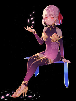1girl absurdres armlet bare_shoulders black_background blush closed_mouth covered_collarbone detached_sleeves dress earrings fate/grand_order fate_(series) fingernails floral_print full_body gold_armlet gold_earrings gold_ring gold_shoes gold_trim hair_between_eyes hair_ribbon half-closed_eyes hand_up high_heels highres jewelry kama_(assassin)_(first_ascension)_(fate) kama_(fate) kama_(first_ascension)_(fate) kama_(young)_(fate) long_fingernails long_sleeves looking_to_the_side mandarin_collar multiple_rings nail_polish paddle petals pink_hair purple_dress purple_skirt purple_sleeves purple_thighhighs red_eyes red_nails red_ribbon ribbon ring shoes short_hair simple_background single_earring sitting skirt sleeveless sleeveless_dress smile solo thighhighs thighlet toenail_polish toenails yunoji_(onigiri_yumi09)
