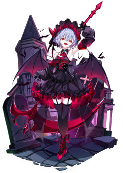 1girl arm_up armpits bare_shoulders bat_(animal) bat_wings black_corset black_dress black_gloves black_thighhighs blue_hair blush bonnet breasts corset detached_collar detached_sleeves dress frilled_dress frills full_body garter_straps gloves gothic_lolita hat highres lolita_fashion looking_at_viewer mob_cap red_dress red_eyes red_shoes remilia_scarlet shoes short_hair small_breasts smile solo thighhighs touhou two-tone_dress wings wrist_cuffs yamanakaume