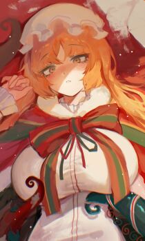 1girl alternate_breast_size_(larger) blush bow breasts brown_eyes christmas christmas_nightmare_(e.g.o) commentary dress e.g.o_(project_moon) freckles fur_trim hat highres huge_breasts ishmael_(project_moon) iur5021 limbus_company long_hair long_sleeves looking_at_viewer lying mob_cap multicolored_bow nose_blush on_back orange_hair parted_lips project_moon red_bow sidelocks symbol-only_commentary tentacles upper_body white_dress white_hat