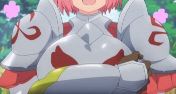 1girl animated animated_gif anime_screenshot armor bouncing_breasts breast_focus breasts cleavage close-up futoku_no_guild hanabata_nohkins huge_breasts pink_hair solo walking