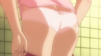 1boy androgynous animated animated_gif anime_screenshot ass boku_no_pico crossdressing crossdressing_(mtf) dressing highres male_focus panties pico_(boku_no_pico) pink_panties red_skirt shota skirt thighs tile_wall tiles trap underwear