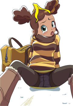 1girl bag banana_peel black_pantyhose blonde_hair blush boots breasts brown_boots brown_hair bumble_bee dark_skin dc_comics dc_super_hero_girls double_bun embarrassed green_eyes hair_bun highres karen_beecher looking_at_viewer multicolored_hair object_on_head oira_wa_arumajiro panties panties_under_pantyhose pantyhose parted_lips school_bag sitting skirt small_breasts spread_legs streaked_hair striped_clothes striped_sweater sweater tears teen_titans teeth underwear white_background white_panties yellow_skirt yellow_sweater