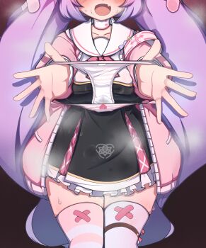 1girl absurdres bandaid bandaid_hair_ornament black_dress blue_archive bow bowtie choker commentary_request dress eyes_out_of_frame fang hair_ornament hanae_(blue_archive) head_out_of_frame highres holding holding_panties holding_underwear holding_unworn_clothes jacket long_hair long_sleeves mismatched_thighhighs open_mouth orry_lantern panties pink_bow pink_bowtie pink_jacket presenting_removed_panties puff_of_air purple_hair sailor_collar sailor_dress simple_background skin_fang smile solo stain stained_panties stray_pubic_hair striped_clothes striped_thighhighs suggestive_fluid sweat thighhighs twintails underwear very_long_hair white_choker white_panties white_sailor_collar