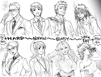 4boys 4girls absurdres bb_(baalbuddy) beer_can breasts can cigarette cleavage collared_shirt comparison drink_can english_text facial_hair formal_clothes frown glasses greyscale hair_bun highres id_card lanyard large_breasts lipstick long_hair looking_at_viewer makeup monochrome multiple_boys multiple_girls necktie original ponytail shirt smile suit tank_top upper_body