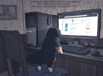 absurdres amazon_(company) sophie's_dog_(popopoka) bottle chair commentary computer computer_tower dog english_text french_text from_behind highres computer_keyboard mixed-language_text monitor computer_mouse no_humans original popopoka portrait_(object) used_tissue