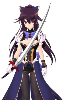 Rule 34 | 1girl, black pantyhose, bow, breasts, cleavage, cleavage cutout, clothing cutout, game cg, genseishinki sacred virth, gloves, large variant set, long hair, looking at viewer, magical girl, non-web source, official art, pantyhose, ponytail, purple hair, red eyes, sacred noire, self-datamine, solo, sword, transparent background, variant set, weapon, white gloves, yuugure pairo, yuuki setsu
