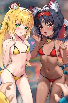 2girls absurdres animal_ear_fluff animal_ears aviary bell bikini black_hair blonde_hair blurry blurry_background blurry_foreground blush breasts cable cable_tail cat_ears cat_girl cat_tail commentary dark-skinned_female dark_skin depth_of_field english_commentary fellatio_gesture green_eyes hairband highres jingle_bell ju_fufu loli long_hair looking_at_viewer mechanical_tail medium_hair multiple_girls multiple_tails navel neck_bell nekomata nekomiya_mana open_mouth pov pov_hands pussy_juice red_bikini red_eyes red_hairband small_breasts stomach string_bikini swimsuit tail teeth tiger_ears tiger_girl tiger_tail tongue tongue_out two_tails upper_teeth_only yellow_bikini zenless_zone_zero