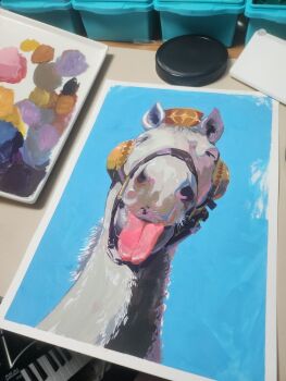 closed_eyes commentary cosplay english_commentary gold_ship_(racehorse) gold_ship_(umamusume) gold_ship_(umamusume)_(cosplay) highres horse no_humans paint_palette painting_(medium) photo_(medium) pillbox_hat raneblu real_life tongue tongue_out traditional_media umamusume white_horse