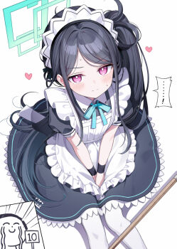 1boy 1girl black_hair blue_archive blush crying doodle_sensei_(blue_archive) halo heart highres kei_(blue_archive) looking_at_viewer maid myuton pink_eyes sensei_(blue_archive) side_ponytail smile