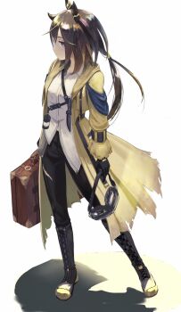 1girl animal_ears black_boots black_hair black_pants boots brown_eyes brown_hair coat ear_covers goggles hair_between_eyes highres holding holding_goggles holding_suitcase horse_ears horse_girl horse_tail knife knife_sheath long_hair multicolored_hair o_ko_ge2024 pants sheath shirt solo stay_gold_(sunlit_outsider)_(umamusume) stay_gold_(umamusume) streaked_hair suitcase tail torn_clothes torn_coat umamusume white_hair white_shirt wrist_belt yellow_coat