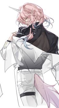 1boy aqua_eyes black_bow black_shirt blue_hair bow chinese_commentary coat colored_tips cowboy_shot emic_(welcome_to_dreamland) expressionless from_behind gougounengyoushenmehuaixinsini10205 hair_bow half-closed_eyes highres horse_tail long_hair long_sleeves looking_at_viewer looking_back low_side_ponytail male_focus multicolored_hair off_shoulder open_clothes open_coat pants parted_bangs parted_lips pink_hair pointy_ears profile see-through_clothes see-through_shirt shirt simple_background solo standing sweater_guard tail thigh_strap unicorn_boy unicorn_horn welcome_to_dreamland white_background white_coat white_pants x-ray