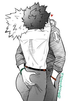 2boys absurdres aged_up aneclipseatdusk ass bakudeku bakugou_katsuki boku_no_hero_academia curly_hair grabbing_another&#039;s_ass groping hand_on_another&#039;s_ass highres hug midoriya_izuku multiple_boys pants shirt spiked_hair superhero_costume yaoi